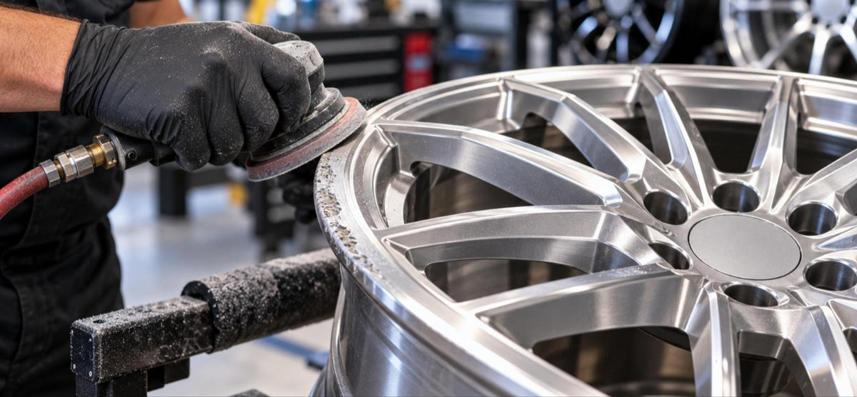 Technician sanding curb rash off a wheel lip